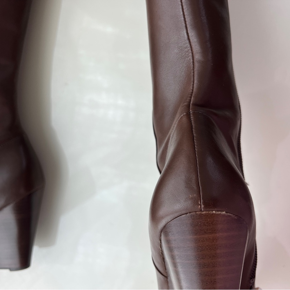 Nine West Sz 7 Varin Wide Calf Brown Leather Wood Wedge Knee High Boots - Picture 6 of 15